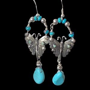 Vintage Turquoise Sterling Silver Butterfly Mexico DF Dangle Earrings